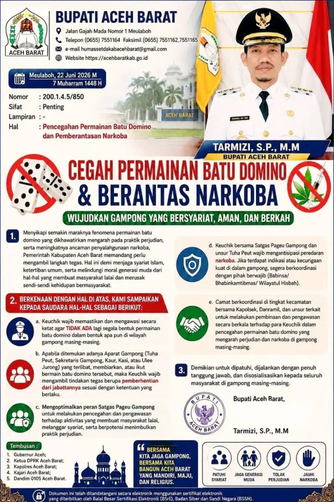 
					Bupati Aceh Barat Peringatkan Aparatur Gampong: Terlibat Domino di Tempat Umum Bisa Dipecat