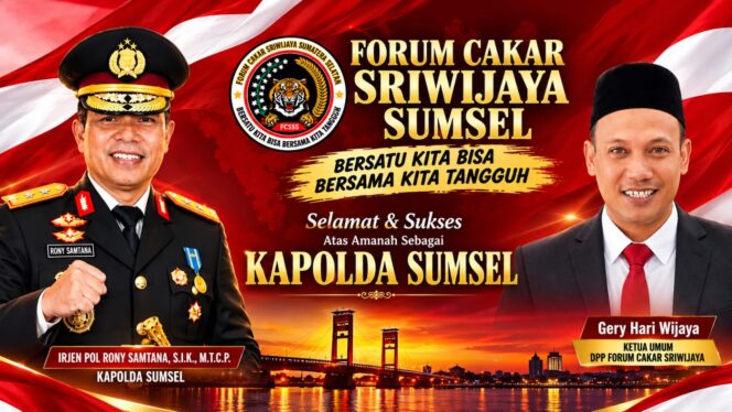 
					Ketua Umum Forum Cakar Sriwijaya Sampaikan Ucapan Selamat kepada Irjen Pol Rony Samtana sebagai Kapolda Sumsel
